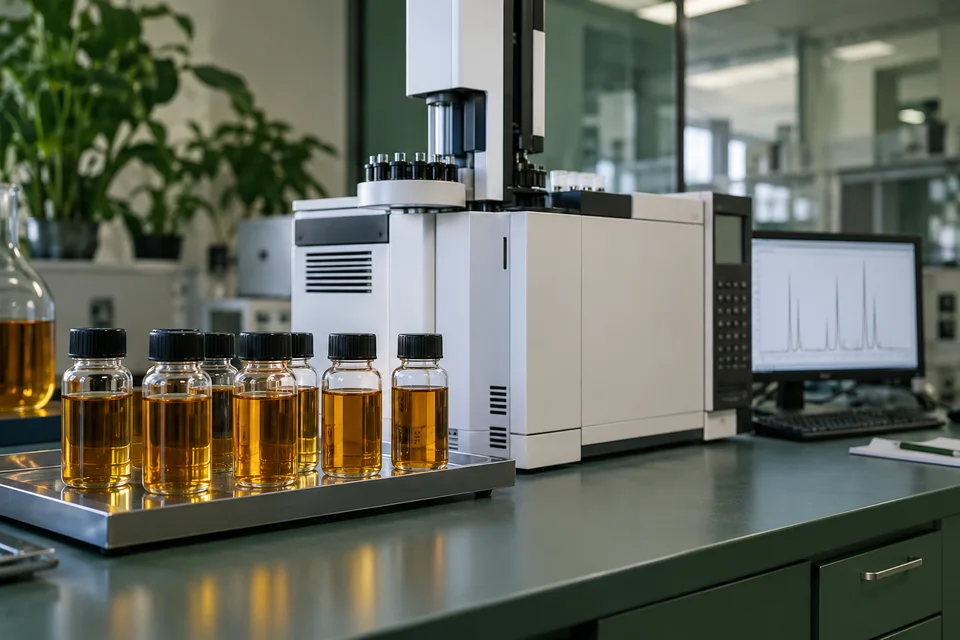 Amostras de óleo isolante junto a equipamento de cromatografia em laboratório