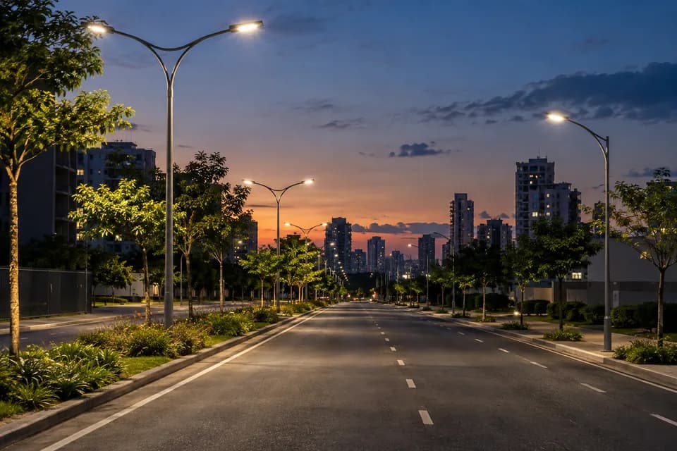 Lumin?rias de LED em uma avenida ao entardecer