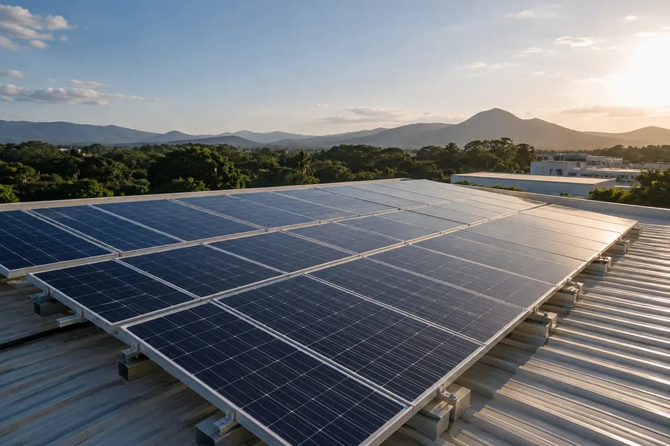 Painéis fotovoltaicos instalados em uma cobertura comercial